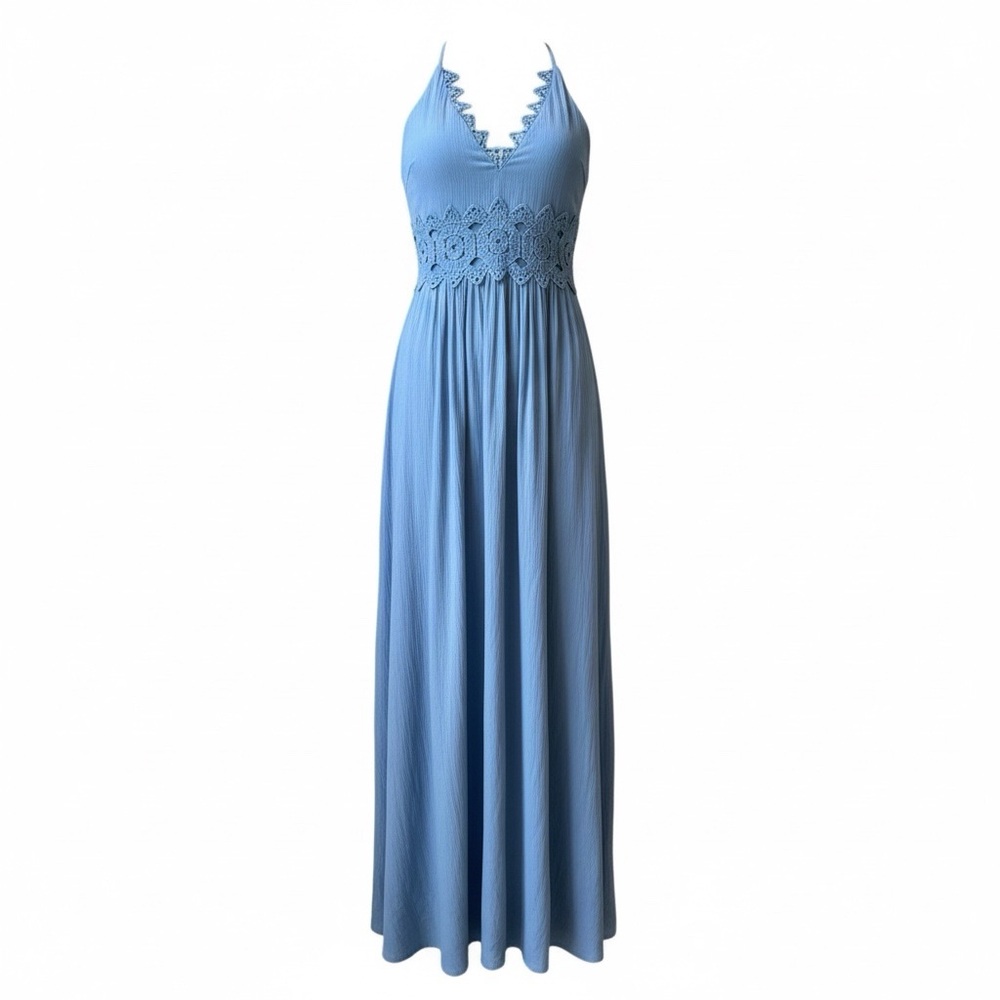 Lulu's This is love Lace Cutout V-Neck Maxi Dress Gown Slate Blue Small